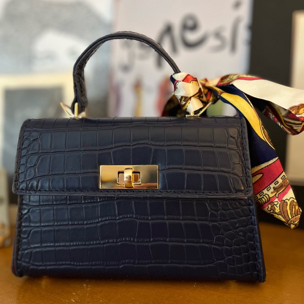 Black Croc-Embossed Mini Top-Handle Bag with Scarf Accent